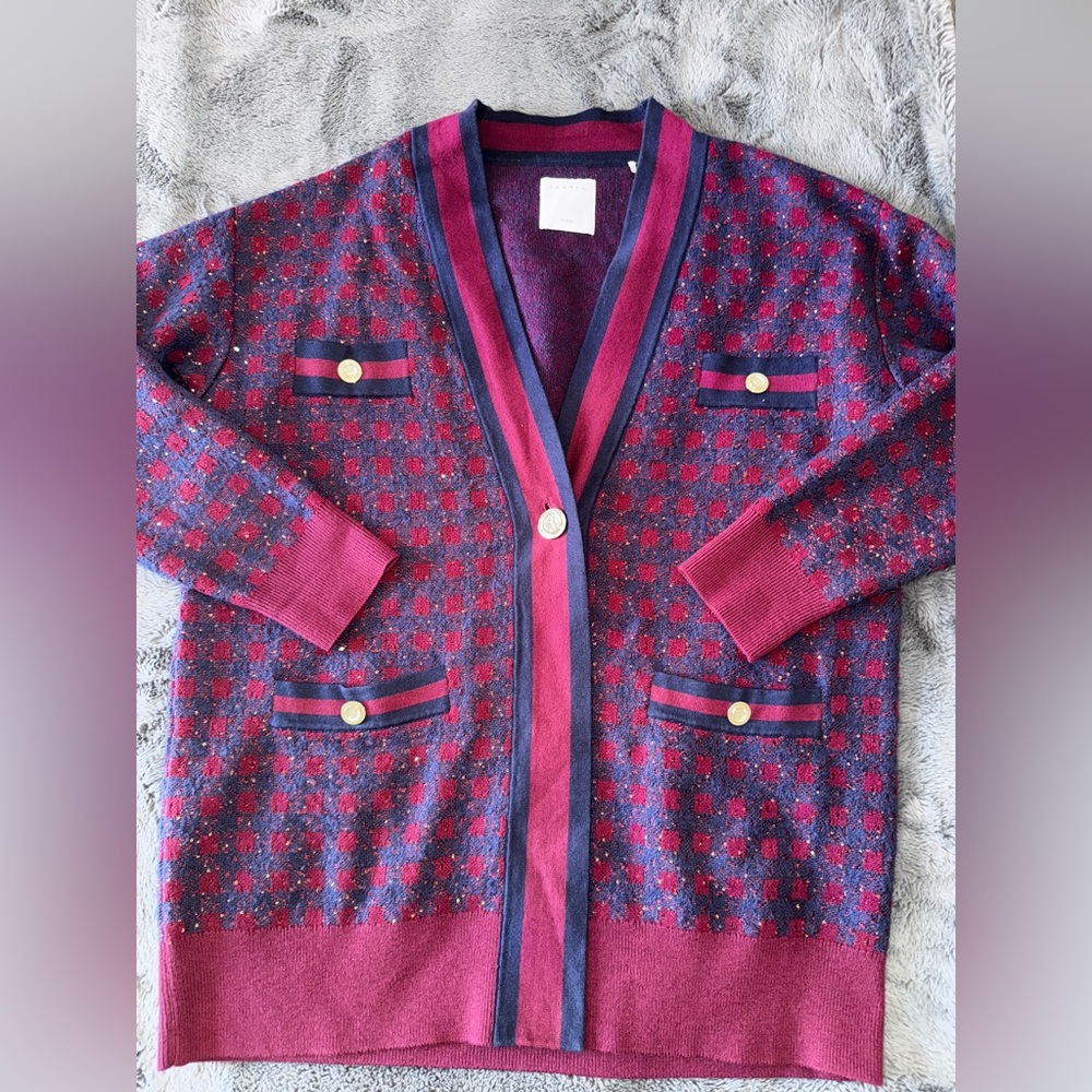 Authentic Sandro Paris Margot Check Sequin Gingham Cardigan size 1